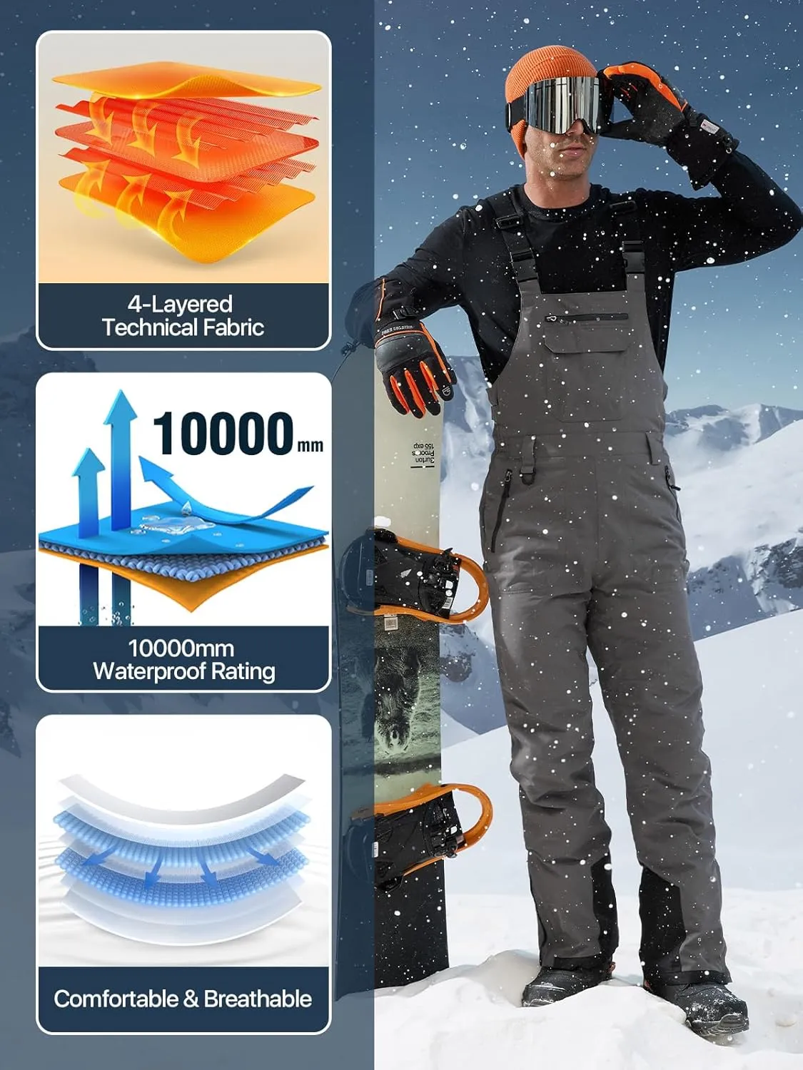 FREE SOLDIER Mens Snow Bibs Ski Pants Softshell Waterproof Insulated Warm Snow Pants Windproof Ski Bib Overalls