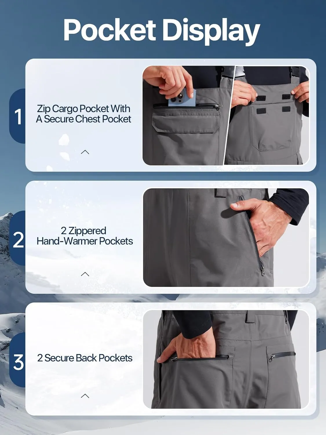 FREE SOLDIER Mens Snow Bibs Ski Pants Softshell Waterproof Insulated Warm Snow Pants Windproof Ski Bib Overalls