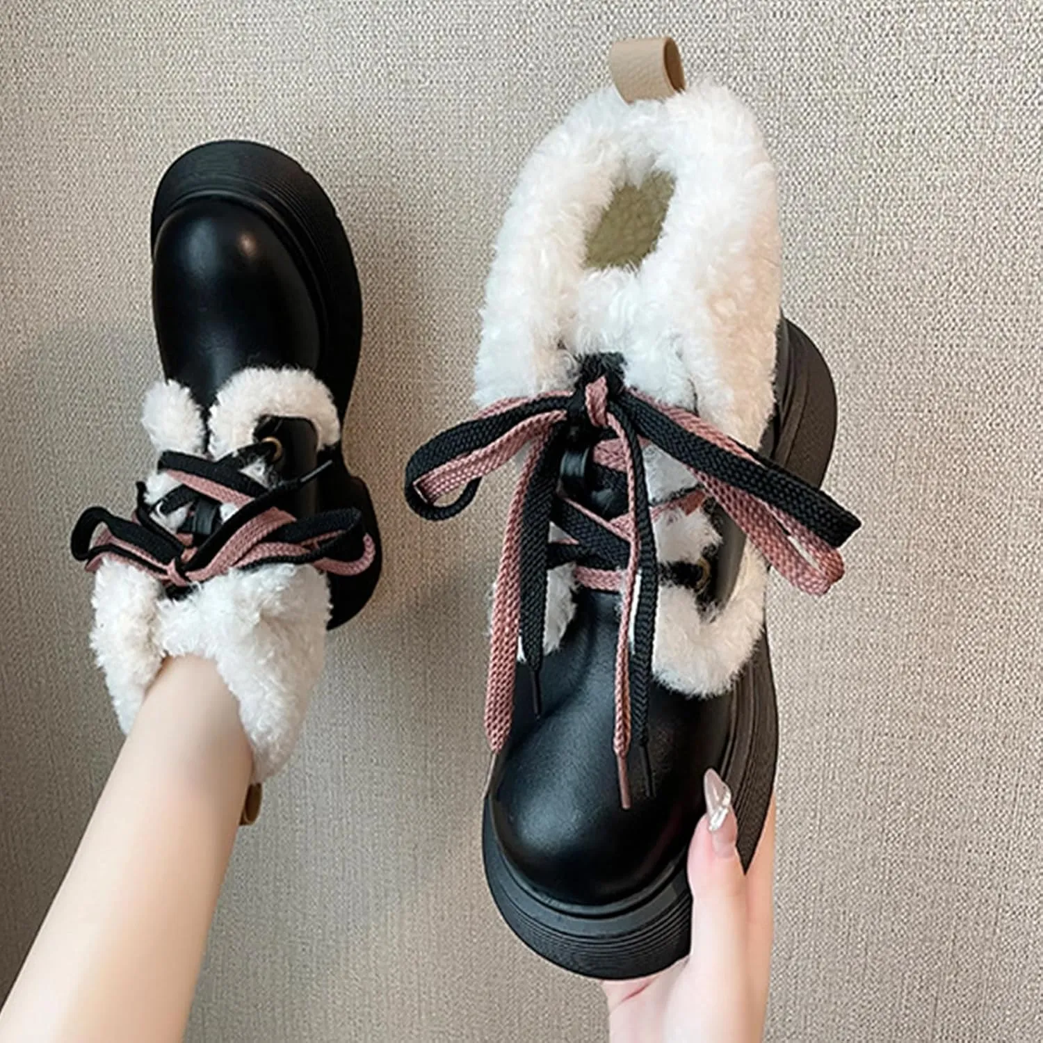 Front Lace-Up Raw Edge Plush Snow Boots, Short Plush Lining Warm Short Boots Leather Stitching Casual Boots Waterproof and Non-Slip Winter Boots