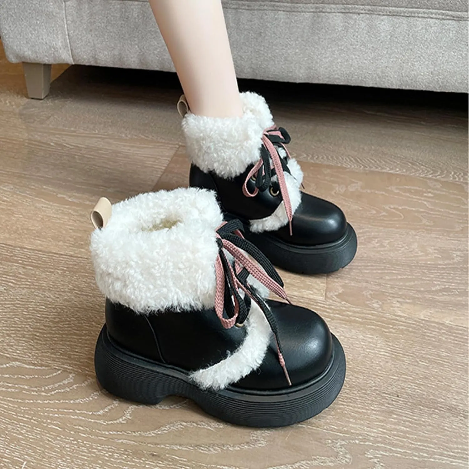 Front Lace-Up Raw Edge Plush Snow Boots, Short Plush Lining Warm Short Boots Leather Stitching Casual Boots Waterproof and Non-Slip Winter Boots