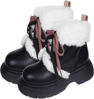 Front Lace-Up Raw Edge Plush Snow Boots, Short Plush Lining Warm Short Boots Leather Stitching Casual Boots Waterproof and Non-Slip Winter Boots