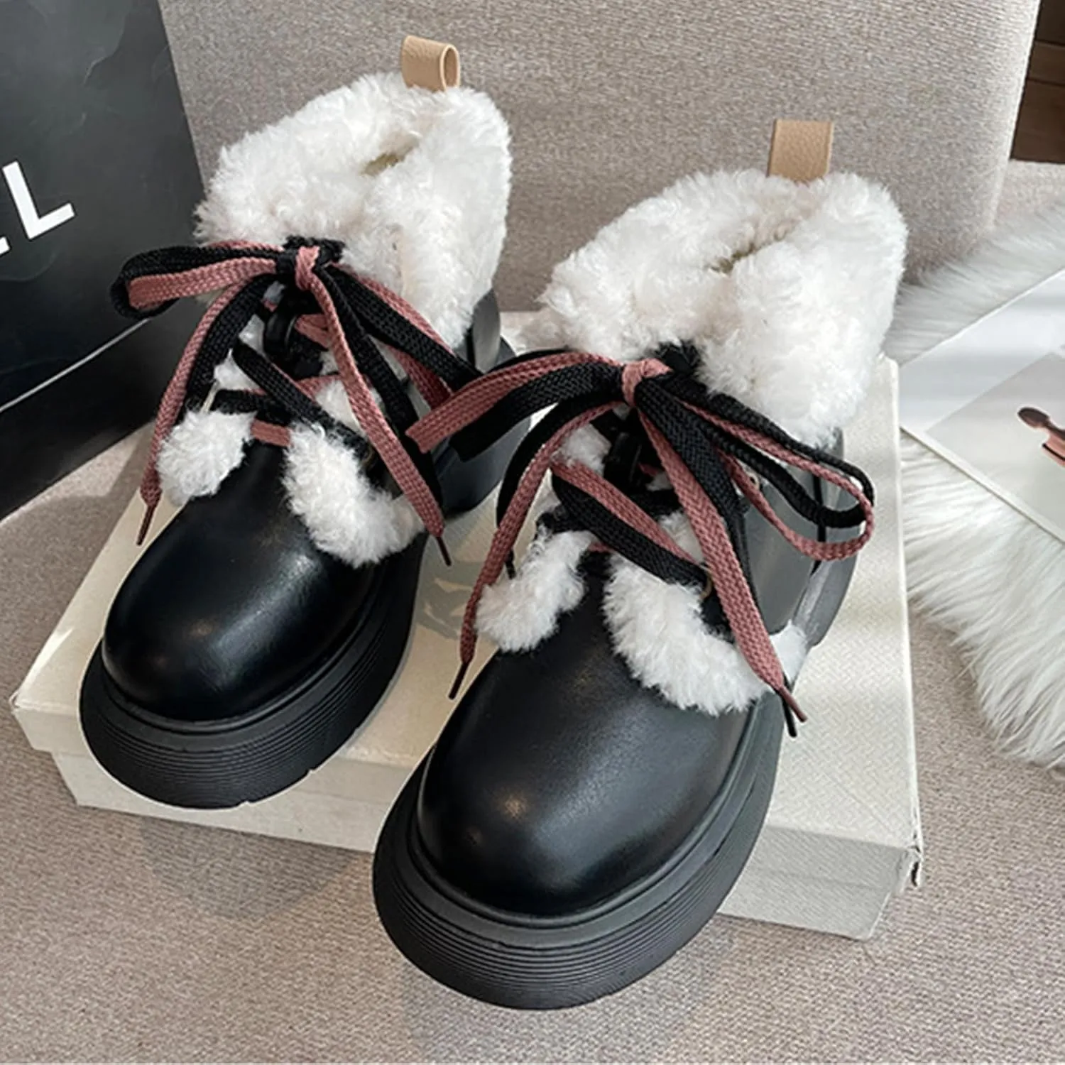 Front Lace-Up Raw Edge Plush Snow Boots, Short Plush Lining Warm Short Boots Leather Stitching Casual Boots Waterproof and Non-Slip Winter Boots
