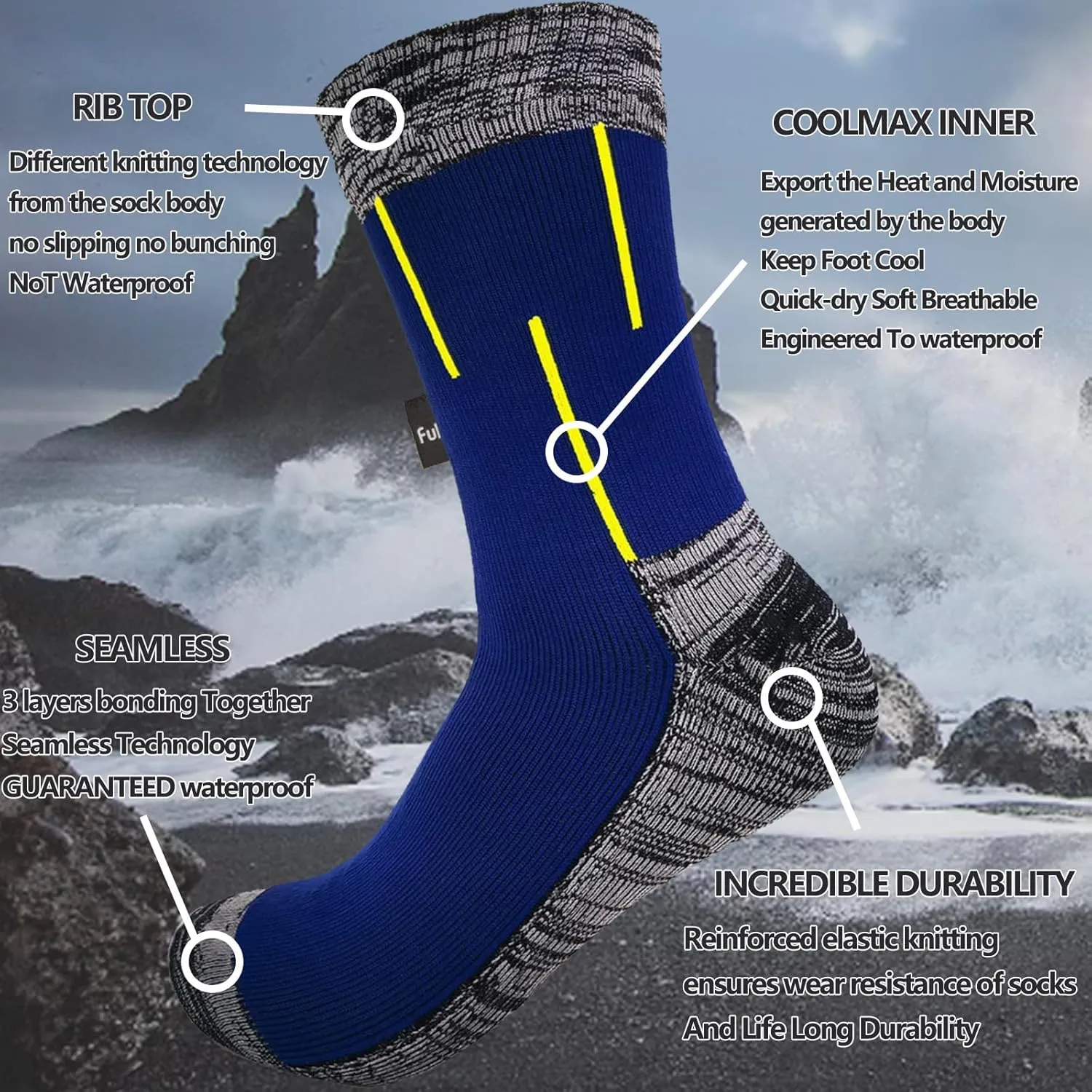 Fullsheild Waterproof Socks Unisex Waterproof Breathable Socks Outdoor Hiking Wading Fishing Trail Golf Socks for Men Women