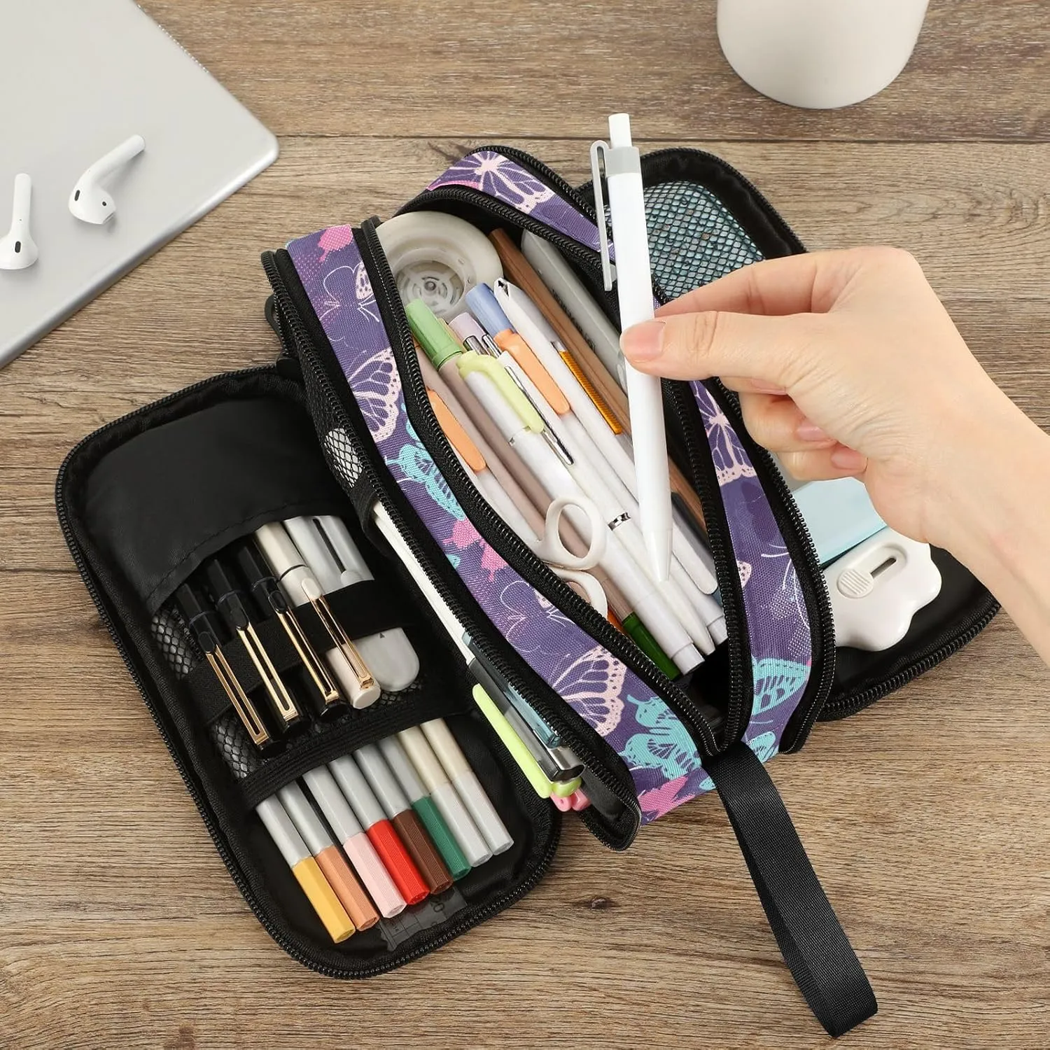 Fustylead Pretty Pink and Blue Pixelated Graffiti Butterflies Big Capacity Pencil Pen Case Multi-Purpose Organizer for Office College School Hiking Travel