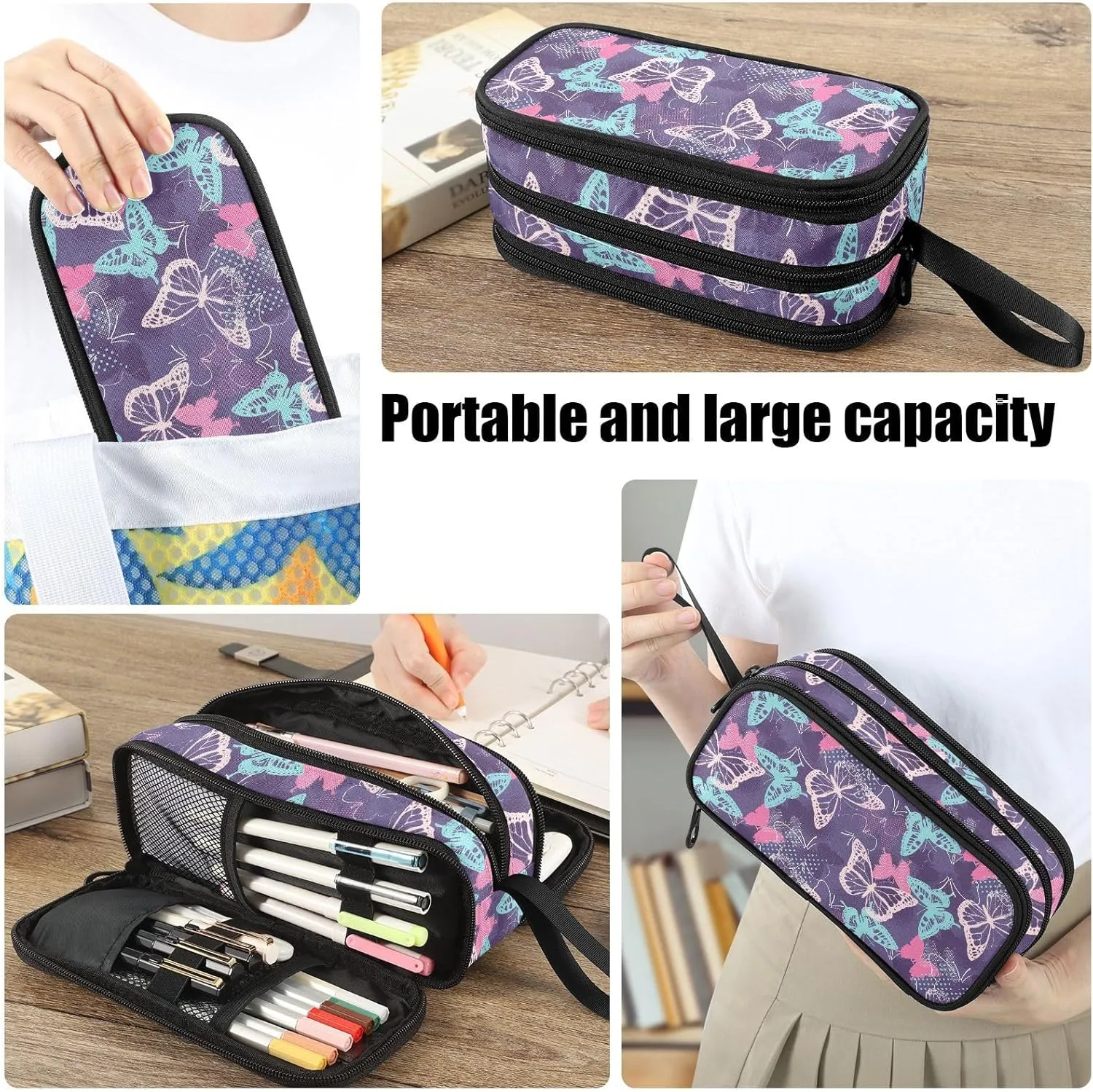 Fustylead Pretty Pink and Blue Pixelated Graffiti Butterflies Big Capacity Pencil Pen Case Multi-Purpose Organizer for Office College School Hiking Travel