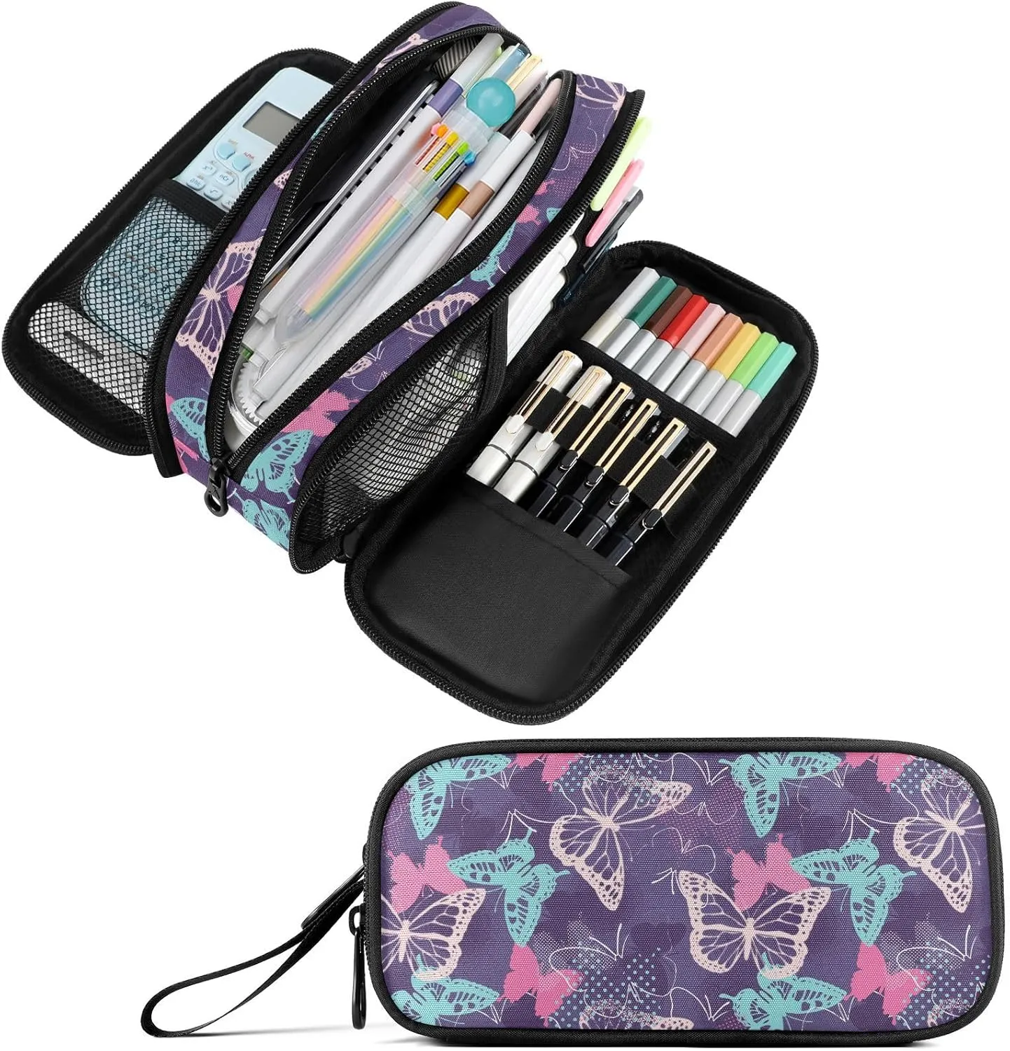 Fustylead Pretty Pink and Blue Pixelated Graffiti Butterflies Big Capacity Pencil Pen Case Multi-Purpose Organizer for Office College School Hiking Travel