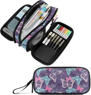 Fustylead Pretty Pink and Blue Pixelated Graffiti Butterflies Big Capacity Pencil Pen Case Multi-Purpose Organizer for Office College School Hiking Travel