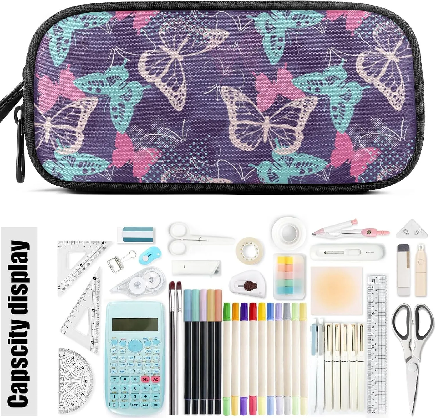 Fustylead Pretty Pink and Blue Pixelated Graffiti Butterflies Big Capacity Pencil Pen Case Multi-Purpose Organizer for Office College School Hiking Travel