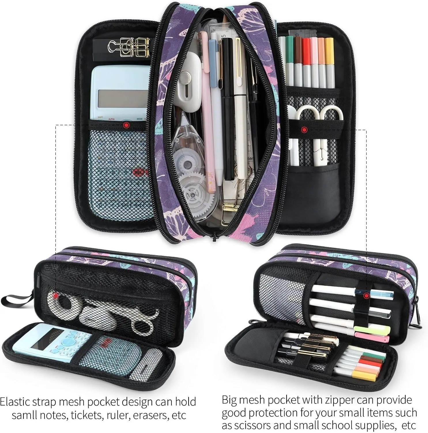Fustylead Pretty Pink and Blue Pixelated Graffiti Butterflies Big Capacity Pencil Pen Case Multi-Purpose Organizer for Office College School Hiking Travel