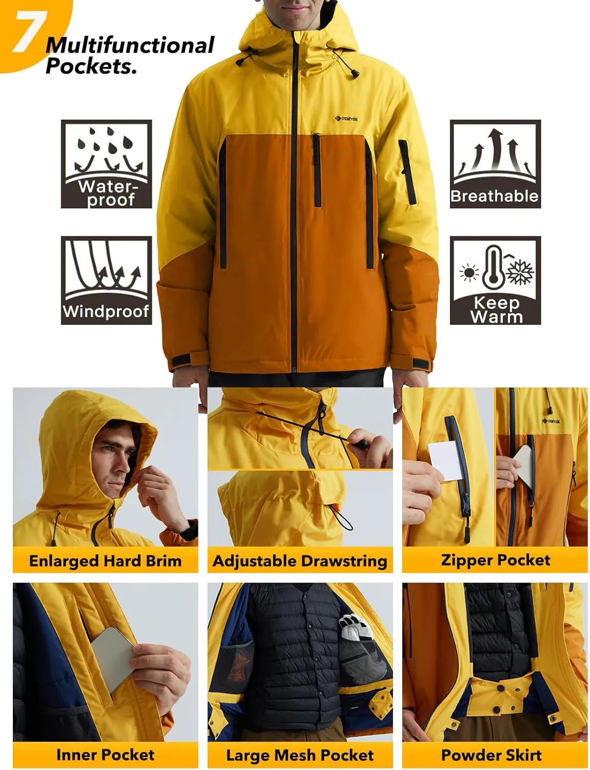 GEMYSE Men's Ski Jacket Warm Winter Snow Coat Waterproof Mountain Windbreaker Jacket for Snowboarding Hiking