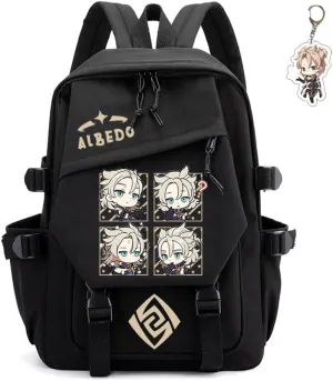 Genshin Impact Backpack Unisex Women Men Rucksack Furina Xiao Scaramouche Kawaii Backpack, Free Keychain (Black-Albedo)