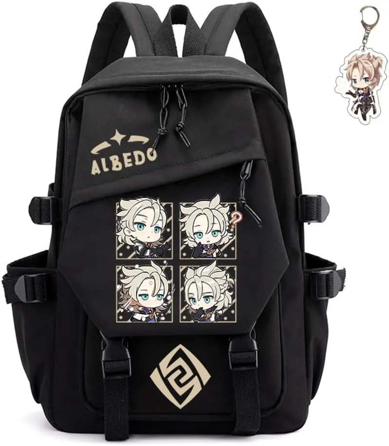 Genshin Impact Backpack Unisex Women Men Rucksack Furina Xiao Scaramouche Kawaii Backpack, Free Keychain (Black-Albedo)