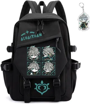 Genshin Impact Backpack Unisex Women Men Rucksack Furina Xiao Scaramouche Kawaii Backpack, Free Keychain (Black-Alhaitham)