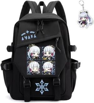 Genshin Impact Backpack Unisex Women Men Rucksack Furina Xiao Scaramouche Kawaii Backpack, Free Keychain (Black-Ayaka)
