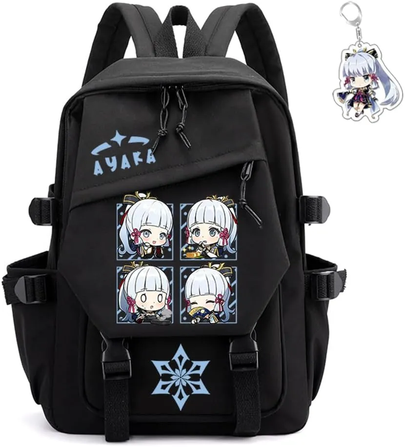 Genshin Impact Backpack Unisex Women Men Rucksack Furina Xiao Scaramouche Kawaii Backpack, Free Keychain (Black-Ayaka)