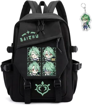 Genshin Impact Backpack Unisex Women Men Rucksack Furina Xiao Scaramouche Kawaii Backpack, Free Keychain (Black-Baizhu)