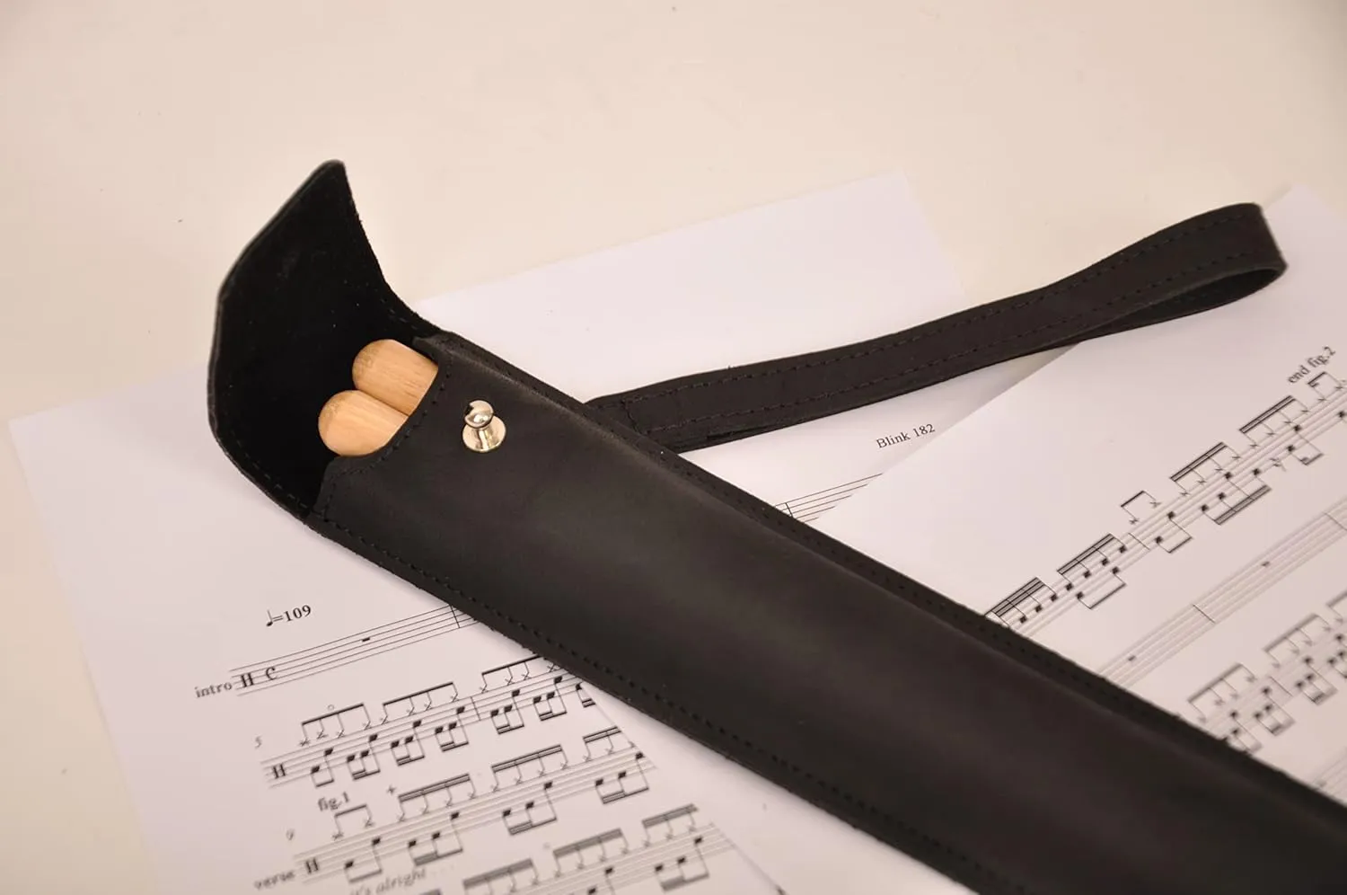 Genuine leather drumstick pouch with a button stud closure, gift for drummer, leather drum stick holder for musician (Black)