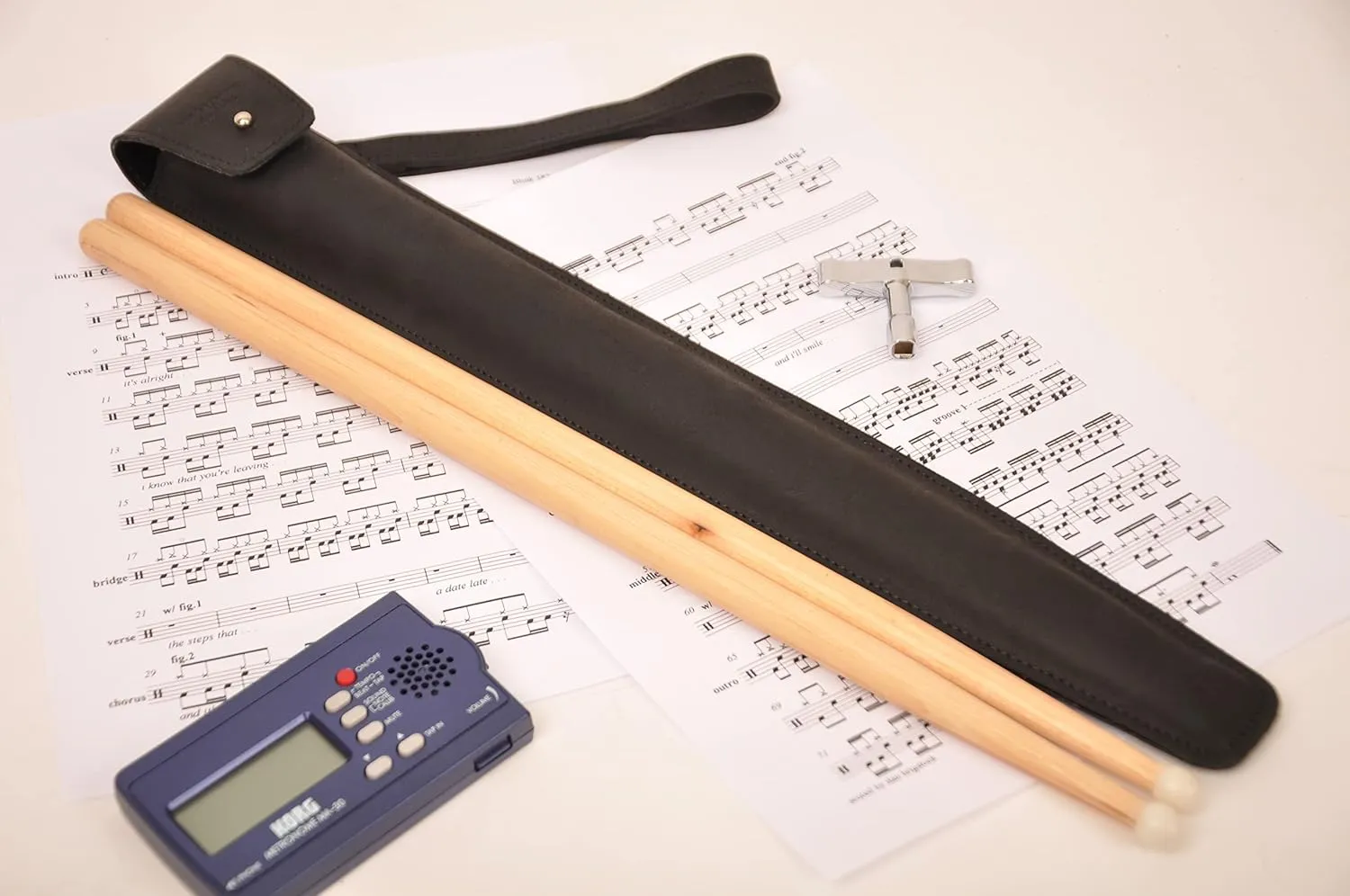 Genuine leather drumstick pouch with a button stud closure, gift for drummer, leather drum stick holder for musician (Black)