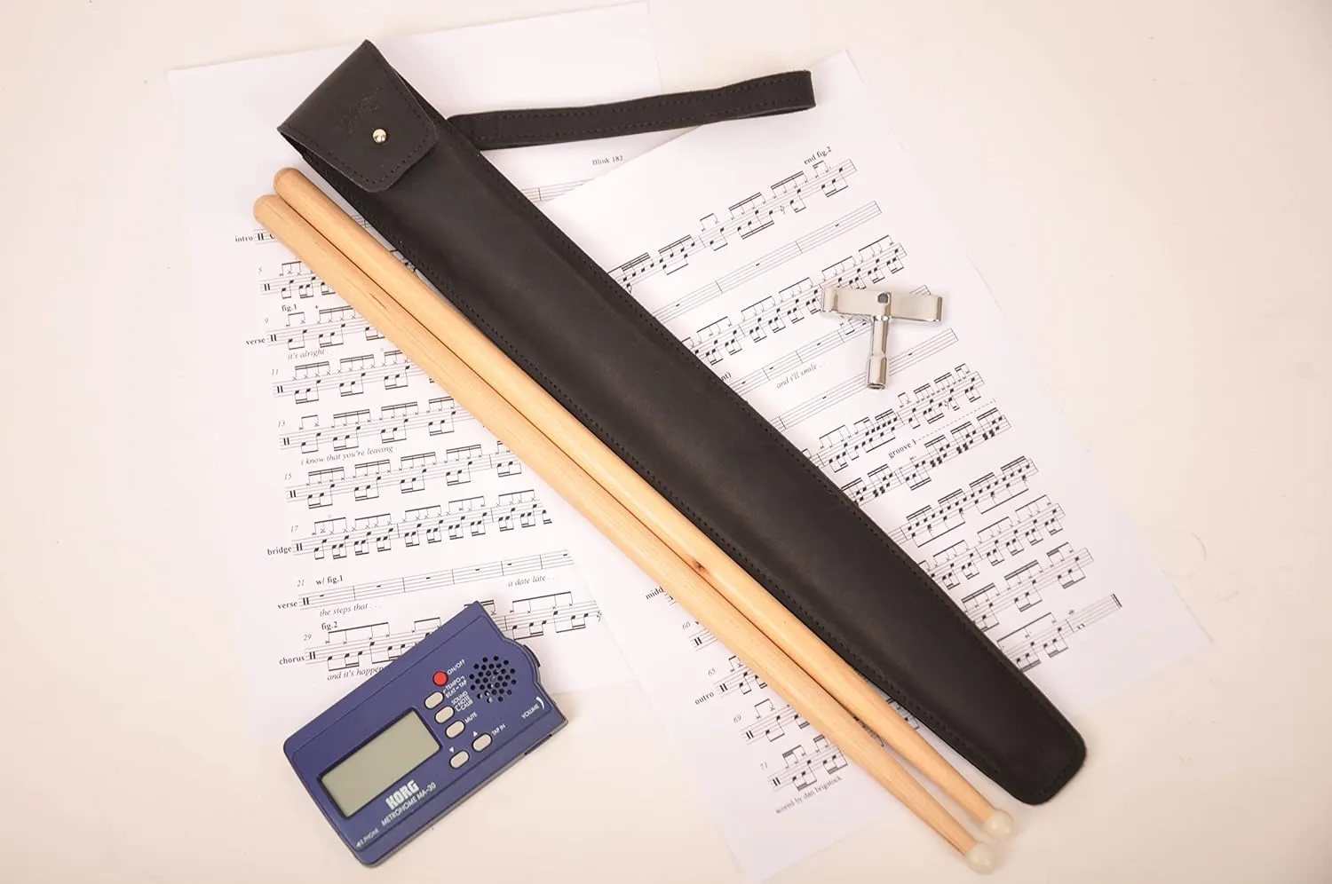 Genuine leather drumstick pouch with a button stud closure, gift for drummer, leather drum stick holder for musician (Black)