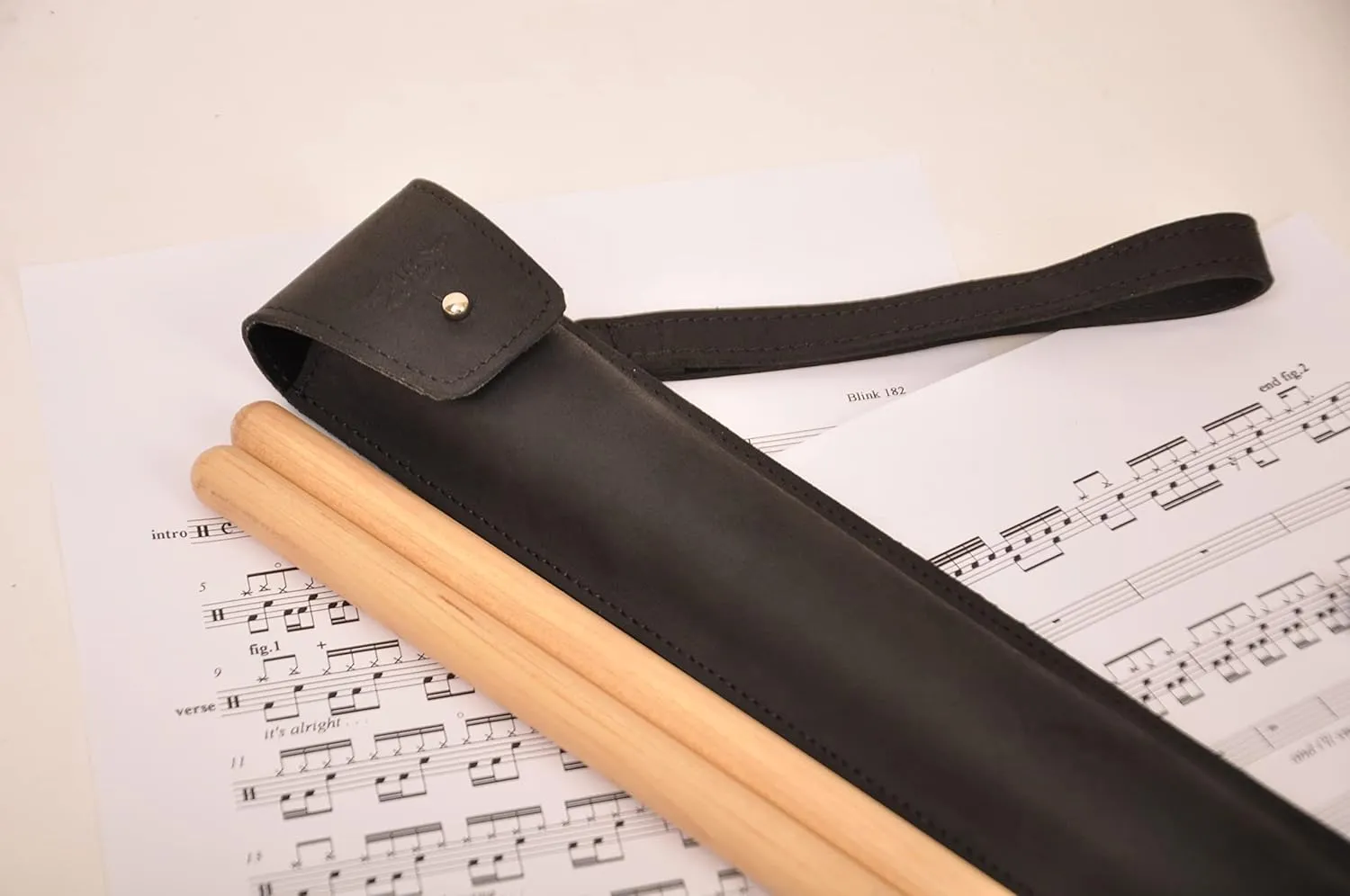 Genuine leather drumstick pouch with a button stud closure, gift for drummer, leather drum stick holder for musician (Black)