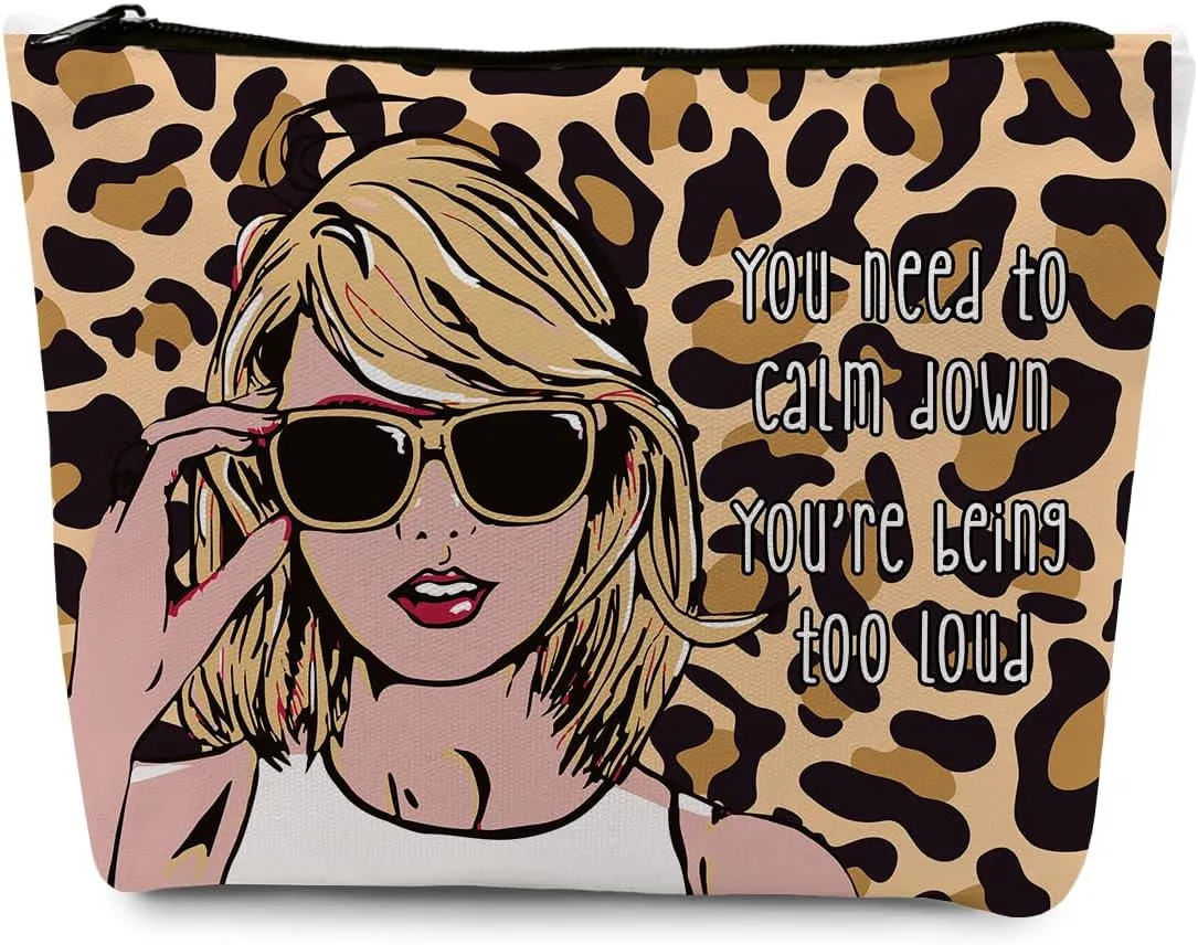 gfuhlre Makeup Bag Travel Toiletry Bag for Women Music Gift Fans Song Lyrics Gift Merchandise for Fans Friends Girls, Friendship Birthday Christmas Gift, You Need to Calm Down Album Leopard print