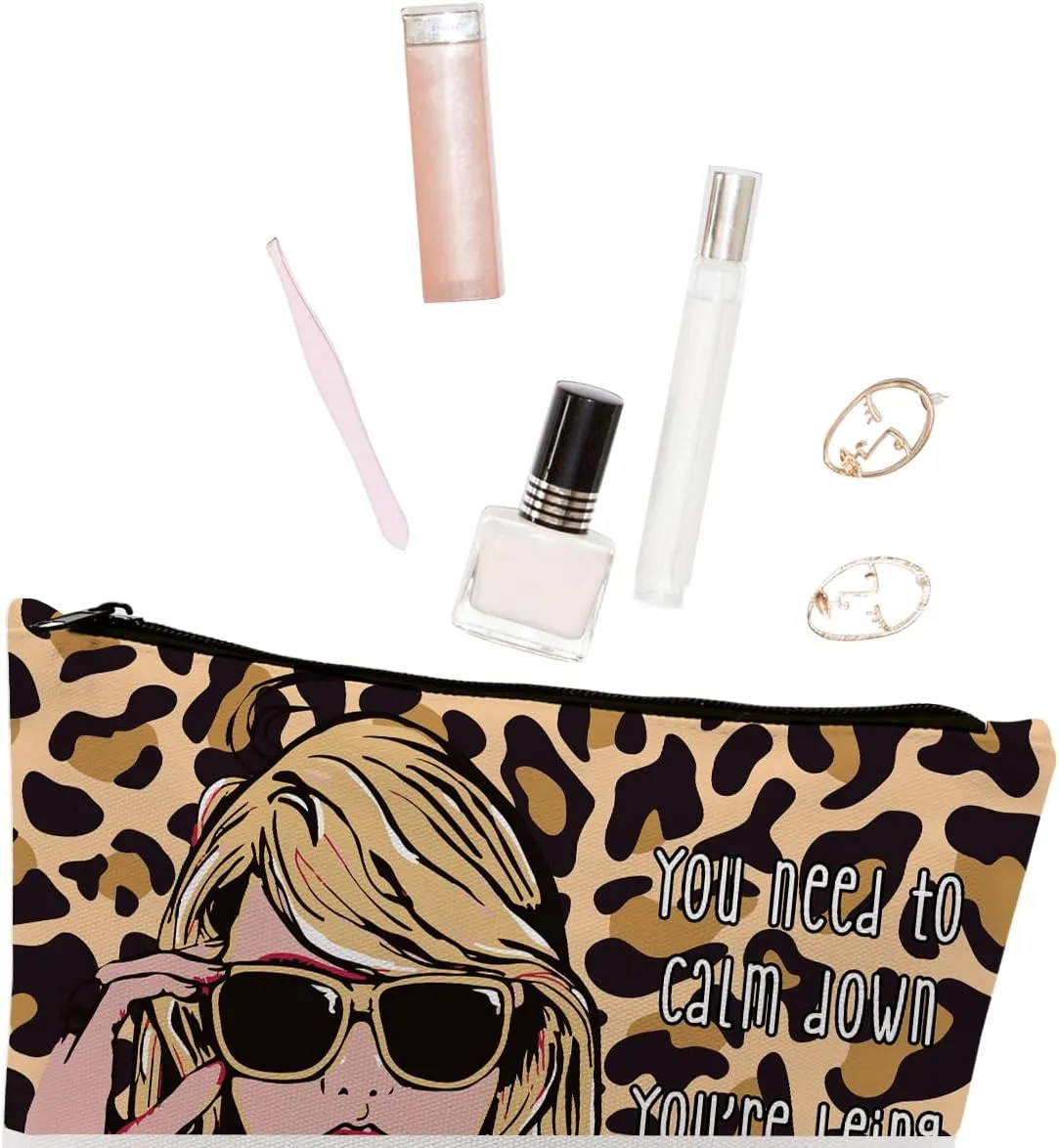 gfuhlre Makeup Bag Travel Toiletry Bag for Women Music Gift Fans Song Lyrics Gift Merchandise for Fans Friends Girls, Friendship Birthday Christmas Gift, You Need to Calm Down Album Leopard print