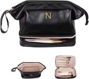 Gift Ideas for Woman Initial Large Makeup Bag, Personalized Double Layer Cosmetic Bag with Makeup Brush Organizer, Waterproof, Large Capacity PU Leather Travel Toiletry Bag Graduation Gift