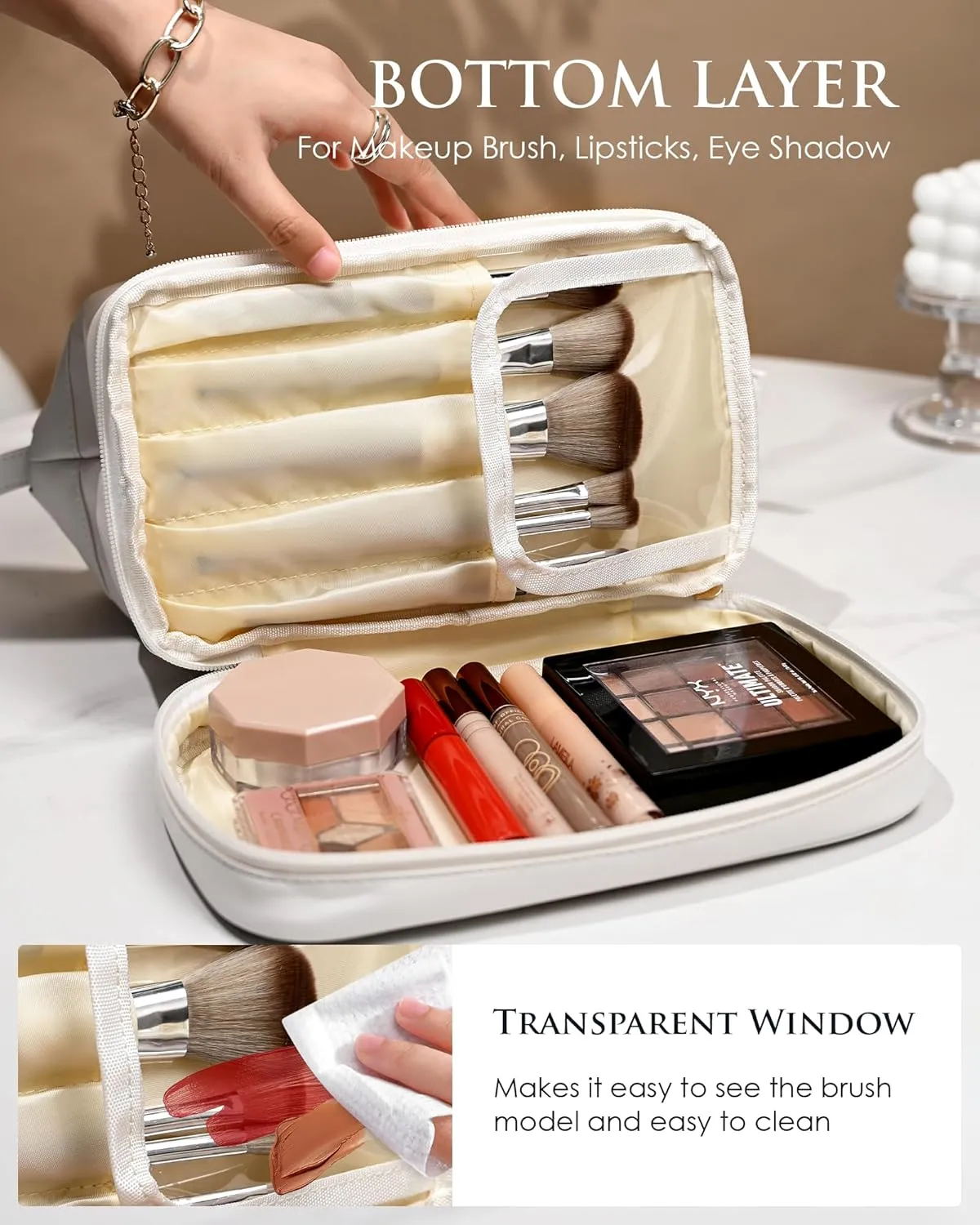 Gift Ideas for Woman Initial Large Makeup Bag, Personalized Double Layer Cosmetic Bag with Makeup Brush Organizer, Waterproof, Large Capacity PU Leather Travel Toiletry Bag Graduation Gift