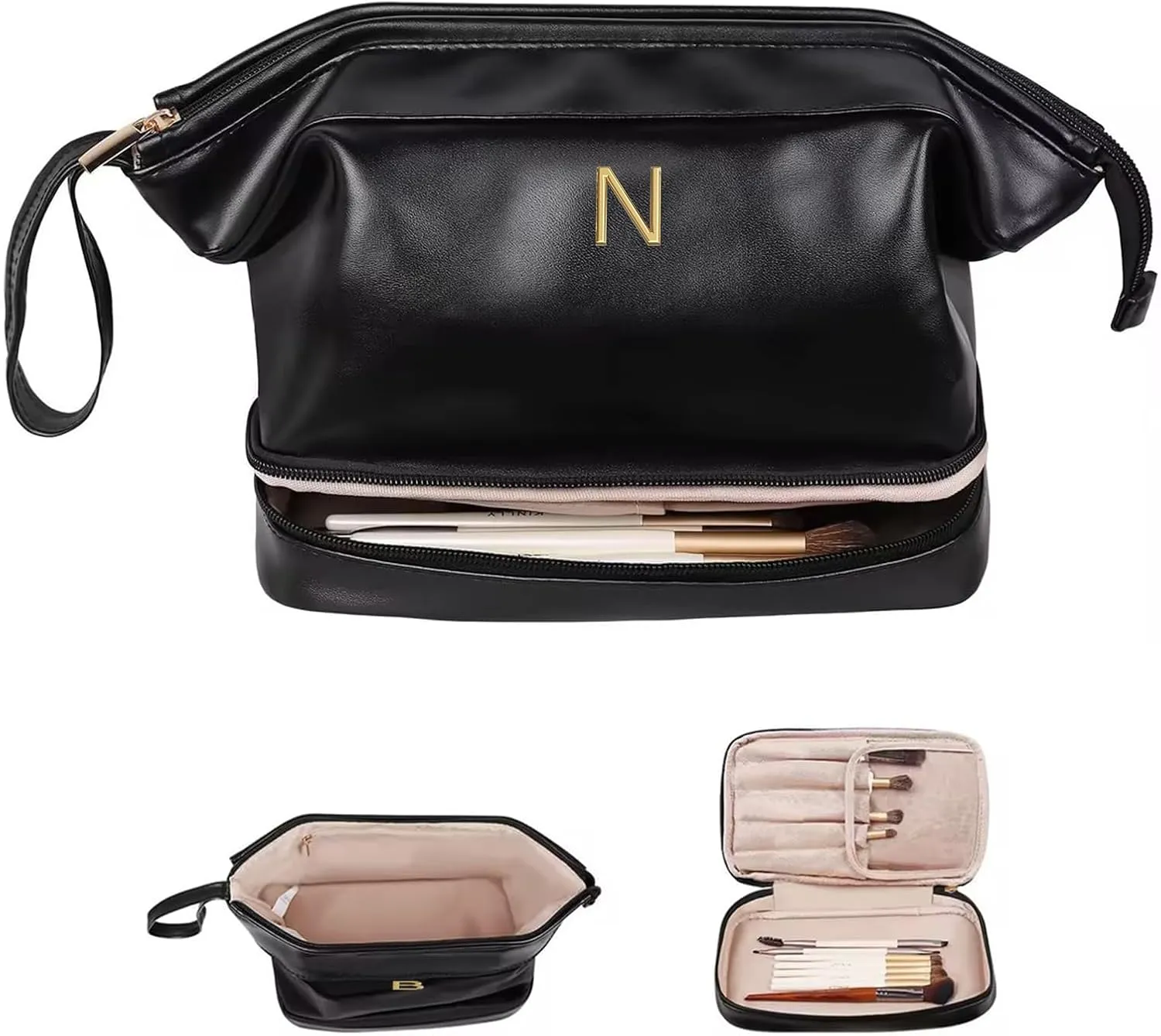 Gift Ideas for Woman Initial Large Makeup Bag, Personalized Double Layer Cosmetic Bag with Makeup Brush Organizer, Waterproof, Large Capacity PU Leather Travel Toiletry Bag Graduation Gift