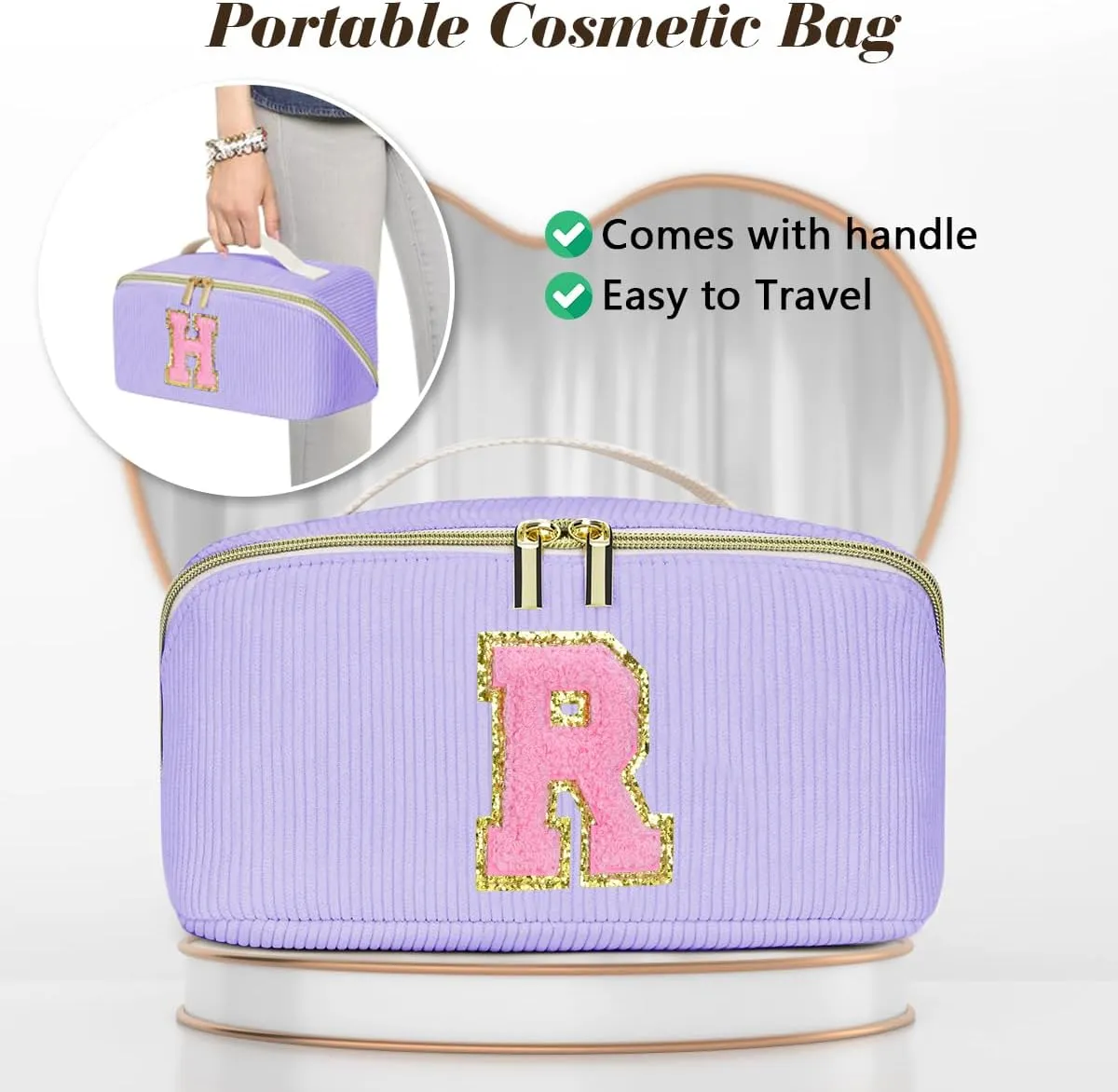 Gifts for Girls, Initial Travel Makeup Bag Women's Day Gift Make up Bag Cosmetic Bags Monther's Day Gifts, Personalized Stuff Bag Cute Makeup Bag Birthday Gifts for Women/Friend/Mother Purple - J