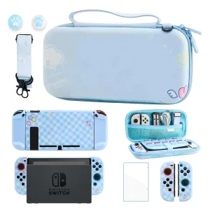 GLDRAM Blue Carrying Case for Nintendo Switch, Cute Cartoon Dog Switch Accessories with Shockproof Travel Bag, Dockable PC Plaid Protective Cover, Screen Protector, Shoulder Strap & 2 Thumb Caps