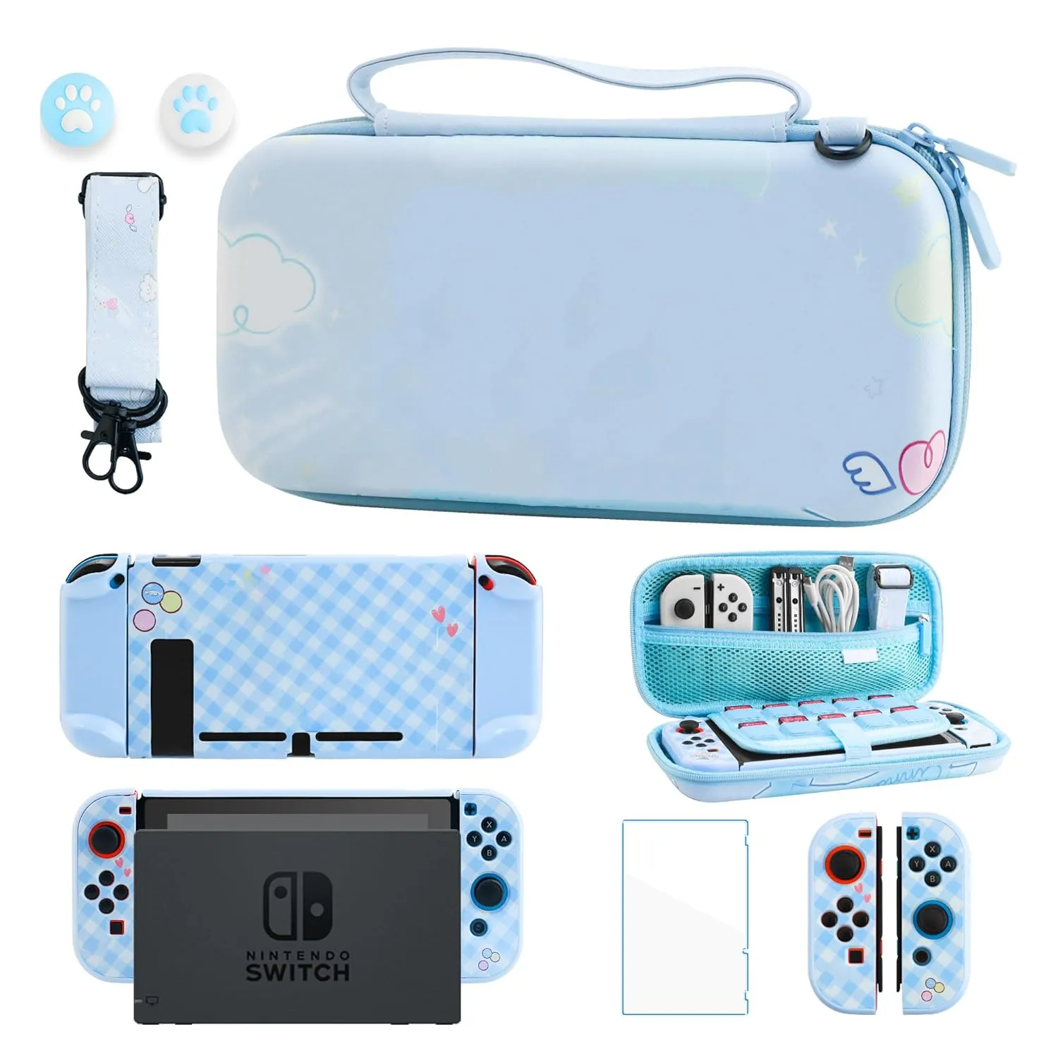 GLDRAM Blue Carrying Case for Nintendo Switch, Cute Cartoon Dog Switch Accessories with Shockproof Travel Bag, Dockable PC Plaid Protective Cover, Screen Protector, Shoulder Strap & 2 Thumb Caps