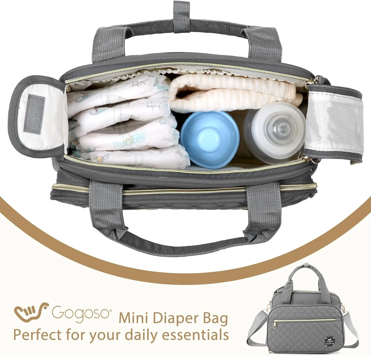 GOGOSO Crossbody Small Diaper Bag, Cute Mini Baby Diaper Tote Bags with Insulated Pockets for Traveling Outdoor Parent,Gray