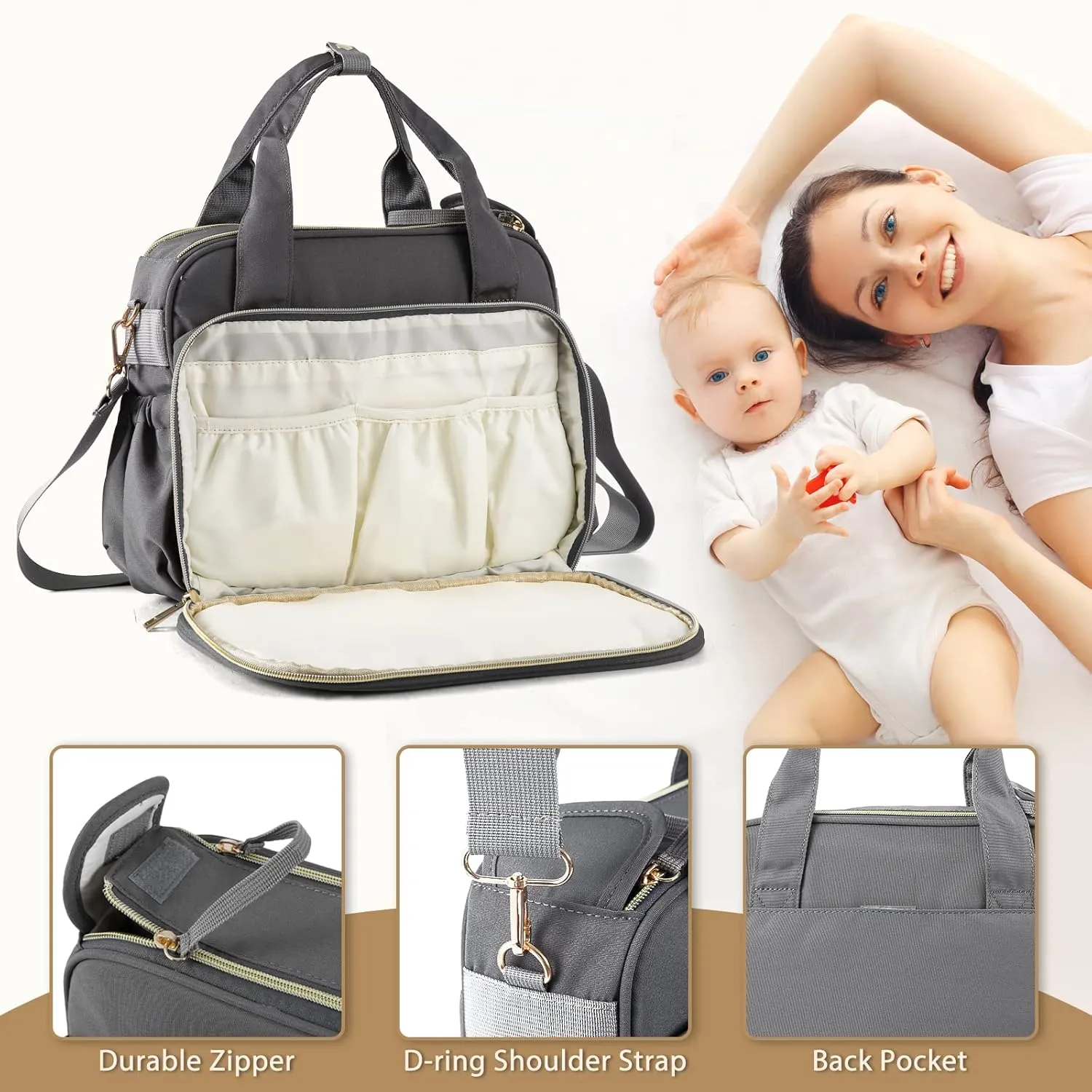 GOGOSO Crossbody Small Diaper Bag, Cute Mini Baby Diaper Tote Bags with Insulated Pockets for Traveling Outdoor Parent,Gray