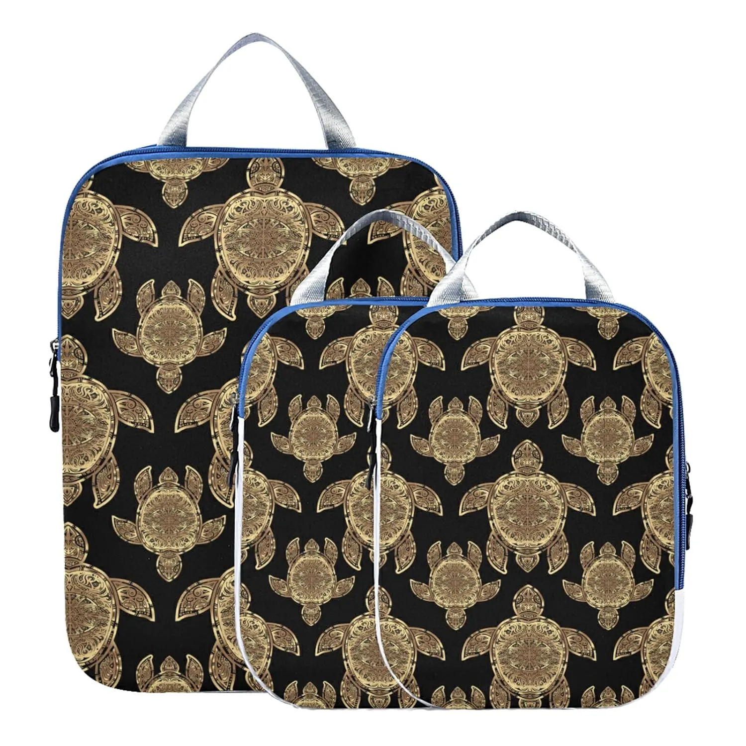Gold Sea Turtle in Indigenous Tribal Polynesian Maori Tattoo on Dark 3 Piece set Cubes Expandable Adjustable Luggage Packing Bags, Ultralight Organizer Accessories Travel Suitcase Compressible Bags