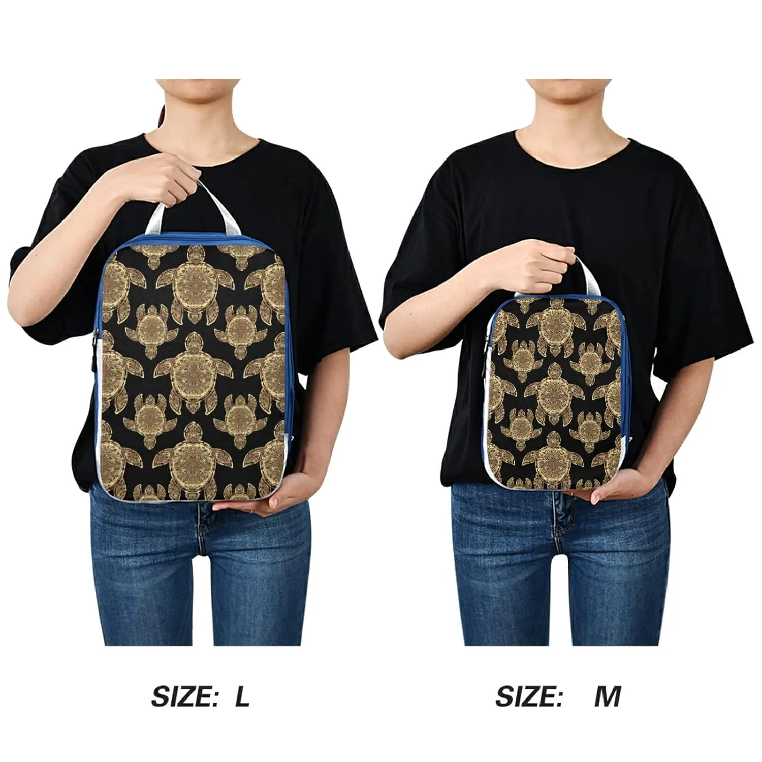 Gold Sea Turtle in Indigenous Tribal Polynesian Maori Tattoo on Dark 3 Piece set Cubes Expandable Adjustable Luggage Packing Bags, Ultralight Organizer Accessories Travel Suitcase Compressible Bags