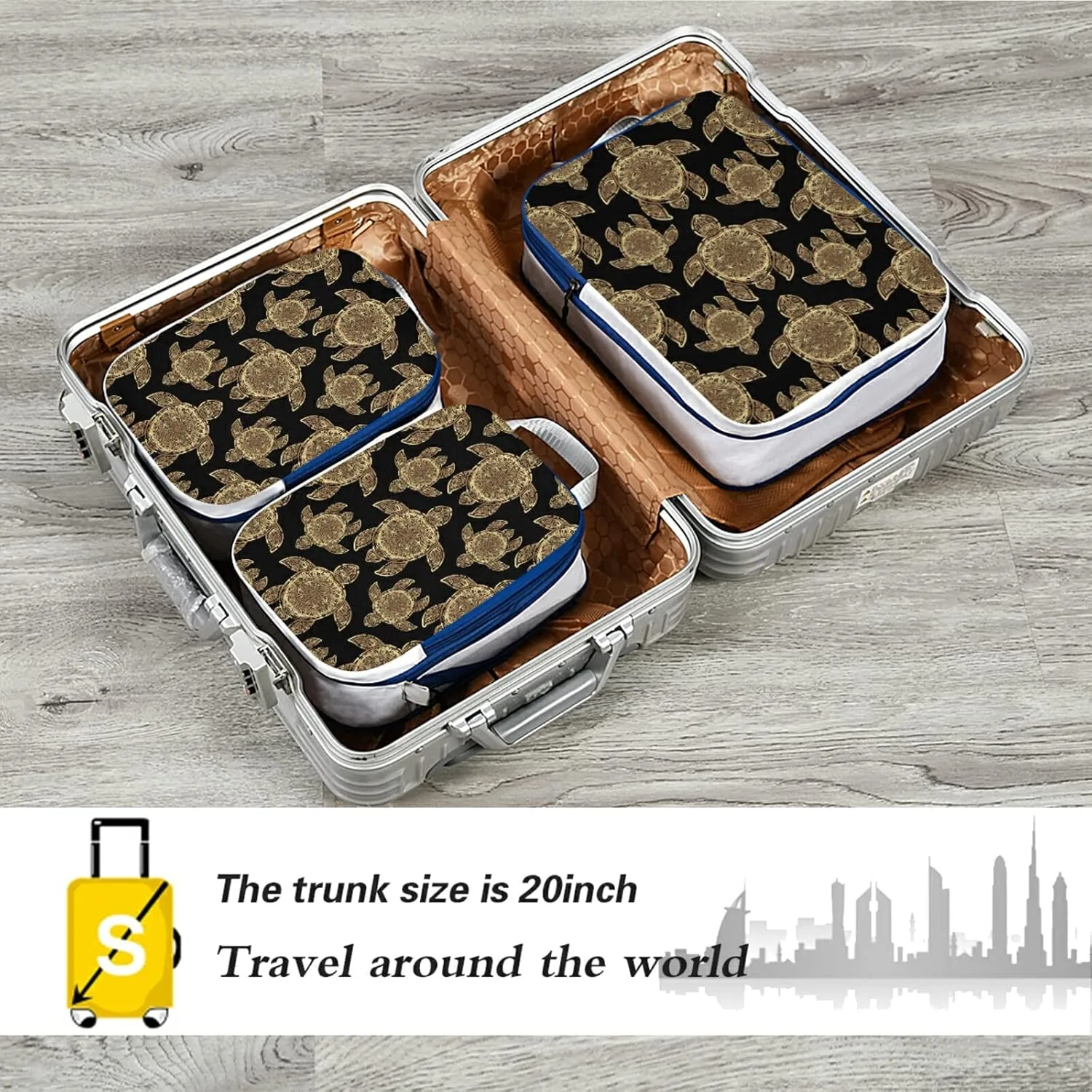 Gold Sea Turtle in Indigenous Tribal Polynesian Maori Tattoo on Dark 3 Piece set Cubes Expandable Adjustable Luggage Packing Bags, Ultralight Organizer Accessories Travel Suitcase Compressible Bags