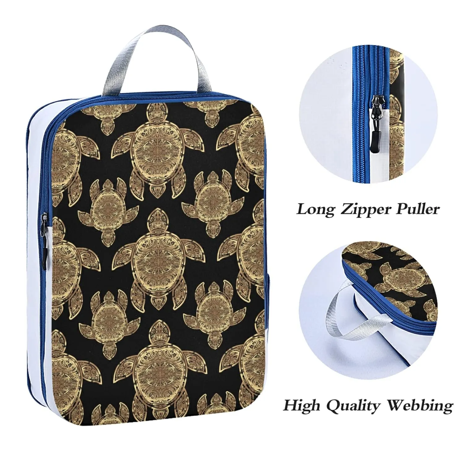 Gold Sea Turtle in Indigenous Tribal Polynesian Maori Tattoo on Dark 3 Piece set Cubes Expandable Adjustable Luggage Packing Bags, Ultralight Organizer Accessories Travel Suitcase Compressible Bags
