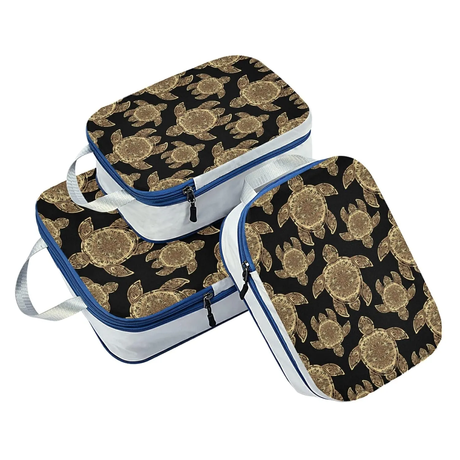 Gold Sea Turtle in Indigenous Tribal Polynesian Maori Tattoo on Dark 3 Piece set Cubes Expandable Adjustable Luggage Packing Bags, Ultralight Organizer Accessories Travel Suitcase Compressible Bags