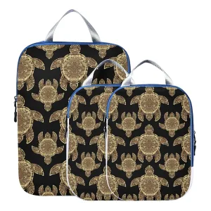 Gold Sea Turtle in Indigenous Tribal Polynesian Maori Tattoo on Dark 3 Piece set Cubes Expandable Adjustable Luggage Packing Bags, Ultralight Organizer Accessories Travel Suitcase Compressible Bags