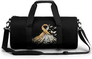 Golden Cancer Awareness Ribbon Gym Bag Cylindrical Sports Bag Travel Duffel Bag with Shoulder Strap