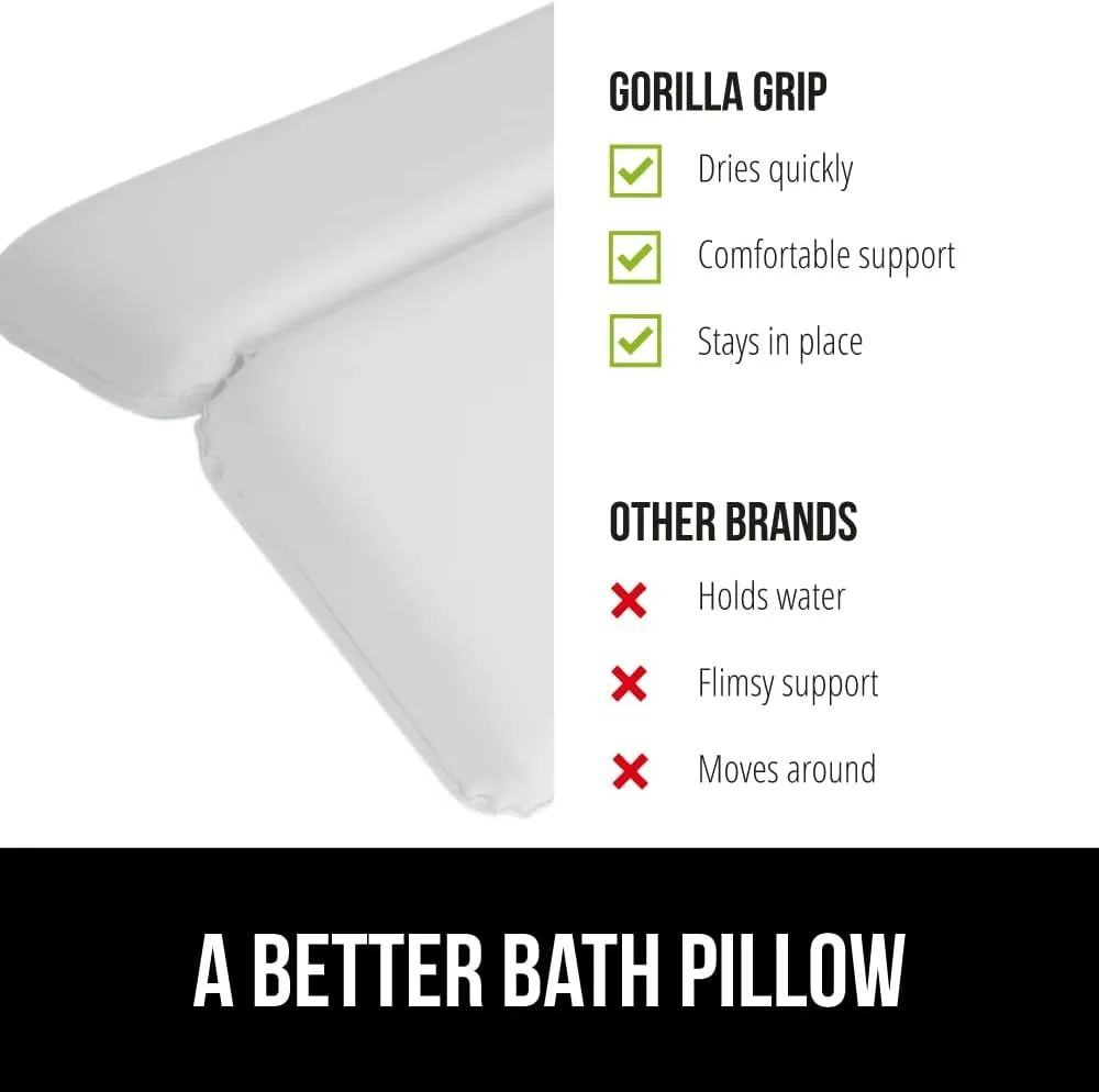 GORILLA GRIP Bath Pillow for Tub, Improved Suction Cups, Luxury Bathtub Pillows, Headrest for Neck and Back Support, Relaxing Home Spa, Hot Tubs and Bathroom Essentials, Gifts for Women, 2 Panel White