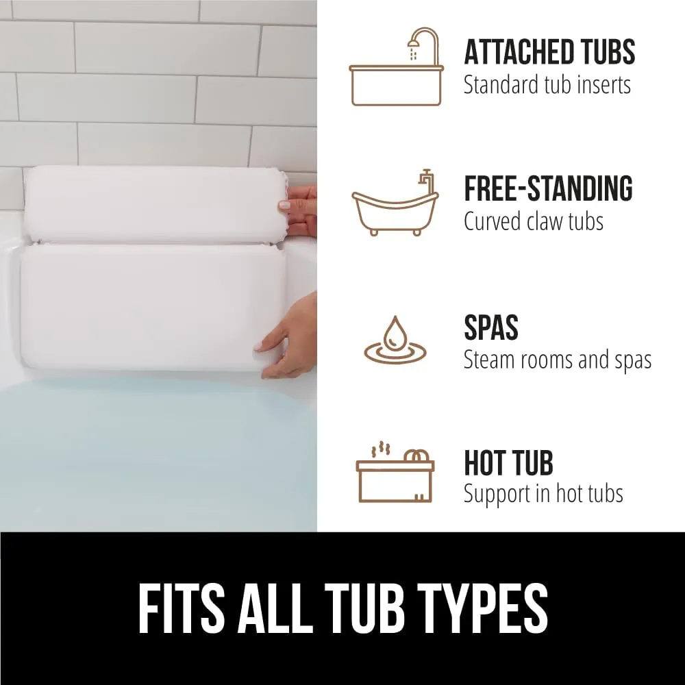 GORILLA GRIP Bath Pillow for Tub, Improved Suction Cups, Luxury Bathtub Pillows, Headrest for Neck and Back Support, Relaxing Home Spa, Hot Tubs and Bathroom Essentials, Gifts for Women, 2 Panel White