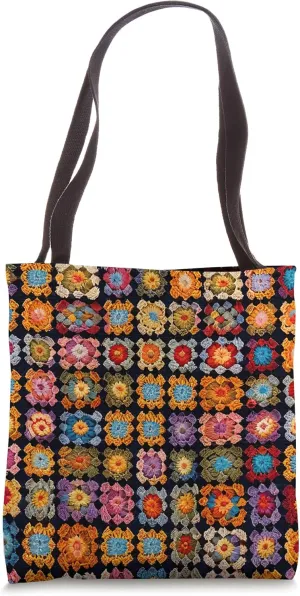 Granny Squares Pattern Retro Multicolored Crochet Design Tote Bag
