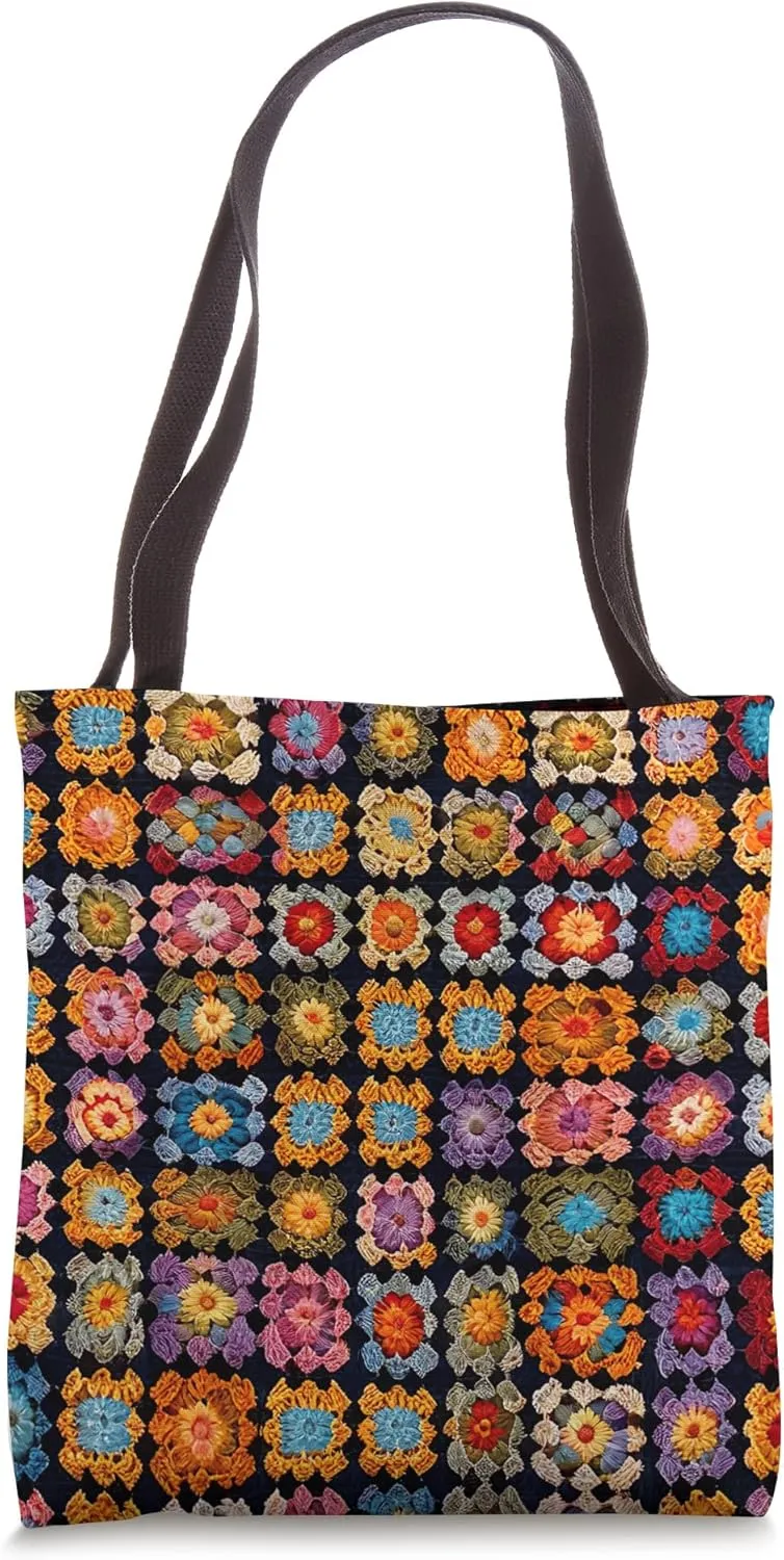 Granny Squares Pattern Retro Multicolored Crochet Design Tote Bag