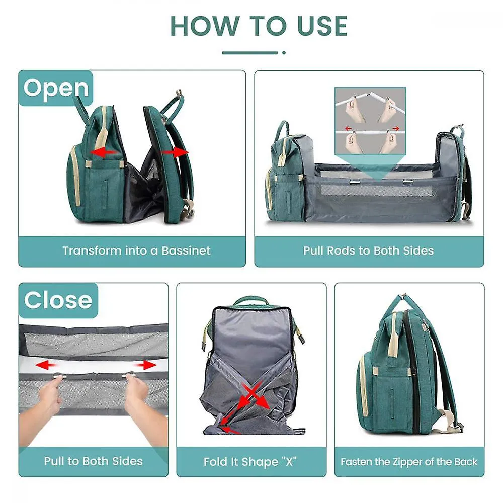 Green Diaper Backpack Foldable Baby Bed Large Capacity Mummy Bag With Changing Station LC1205