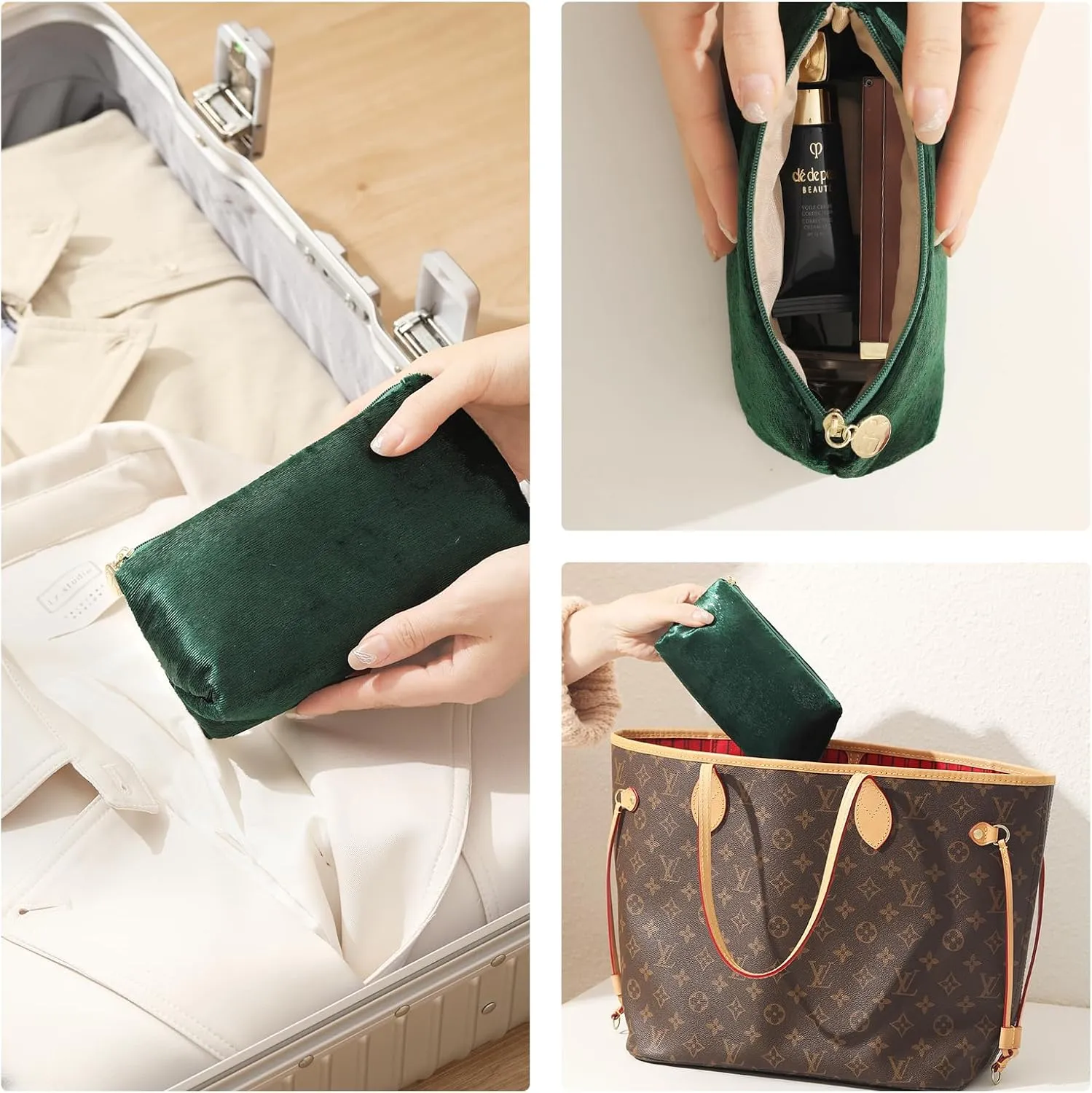 Green Makeup Organizer Bag for Purse，Cosmetic Travel Bag for Women, Make Up Pouch for Travelling