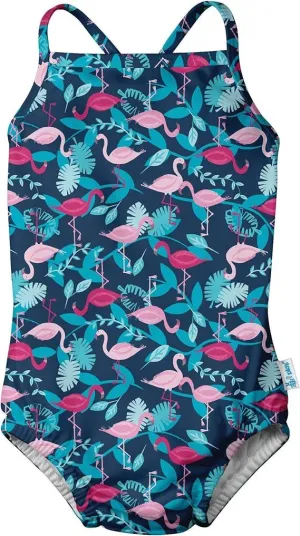 Green Sprouts | Swimsuit with Built-in Reusable Absorbent Swim Diaper-Navy Flamingo
