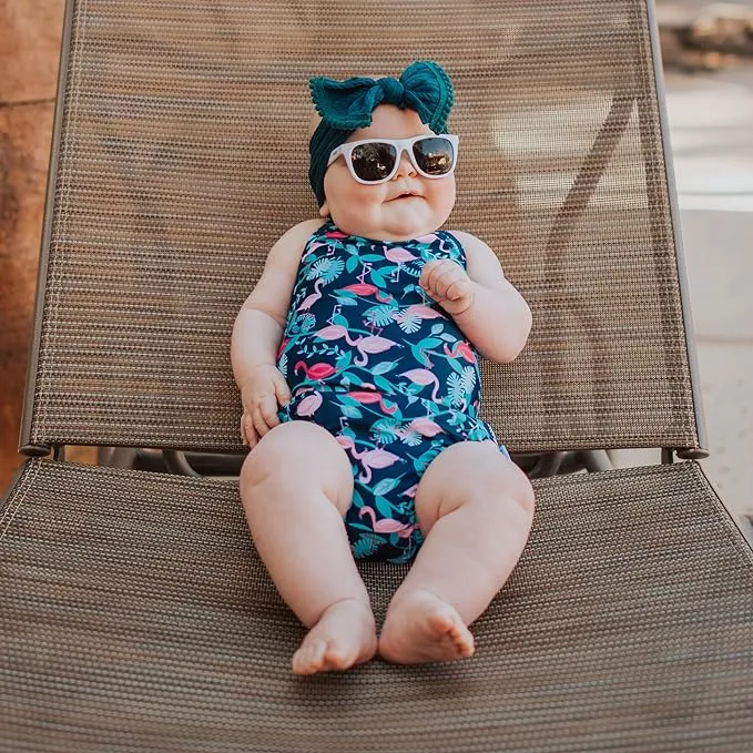 Green Sprouts | Swimsuit with Built-in Reusable Absorbent Swim Diaper-Navy Flamingo