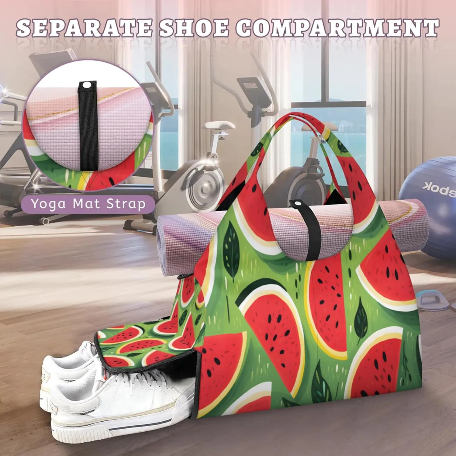 Green Watermelon Slices Waterproof Gym Bag for Men Women, Sports Duffel Bag with Shoe Compartment Yoga Mat Holder, Portable Large Travel Bag for Fitness, Camping, Weekend Trips